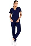 Minty Mint Women's Solid Stretch Medical Uniform Scrub Set V Neck Top Cargo Tapered Jogger Pants Ind