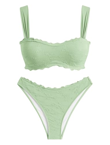 ZAFUL Lace Bikini Set for Women Wide Straps Solid Ruffle High Cut 2 Piece Swimsuit Bathing Suits