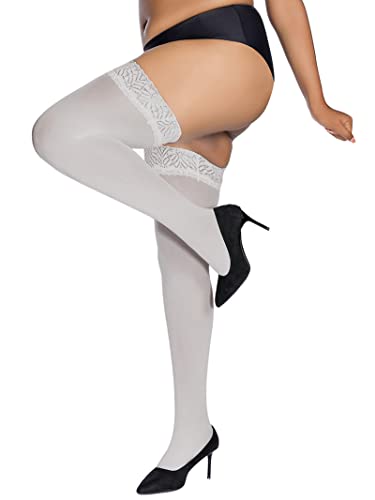 Image of HONENNA Plus Size Thigh High Stockings, Semi Sheer Stay Up Lingerie Lace Top Pantyhose for Curvy Women