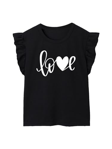 OYOANGLE Girl's Cute Graphic Print Ruffle Cap Sleeve T-Shirt Crew Neck Summer Tee Tops