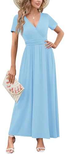 WEACZZY Summer Maxi Dresses for Women 2026 V Neck Short Sleeve Formal Long Dresses Beach Concerts Hawaiian Vacations Sundress with Pockets,Light Blue,Large