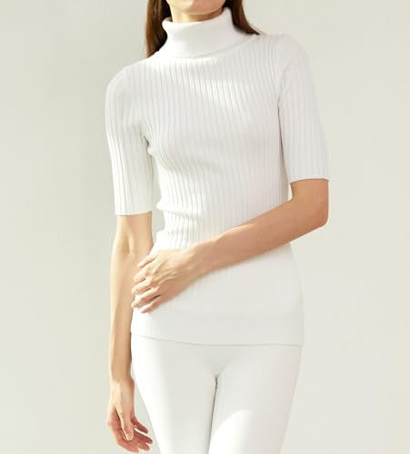 Image of v28 Women Turtleneck 1 /2 Half Sleeve Highly Stretchy Ribbed Knit Fitted Sweater