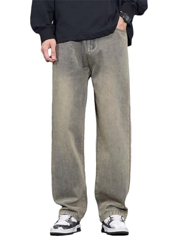 Hndudnff Men Wide Jeans with Pockets Straight Trousers Zipper Casual Denim Street Pants with Pockets