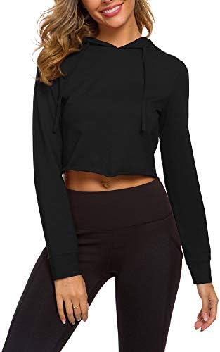DIRASS Long Sleeve Crop Tops for Women Cropped Sweatshirt Cute Hoodies for Teen Girls (Black,L)