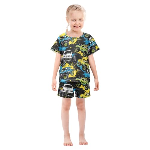 ALAZA Monster Truck Black Pajamas Set Short Sleeve Cotton Sleepwear Summer Pjs 2 Piece 5-14Y3