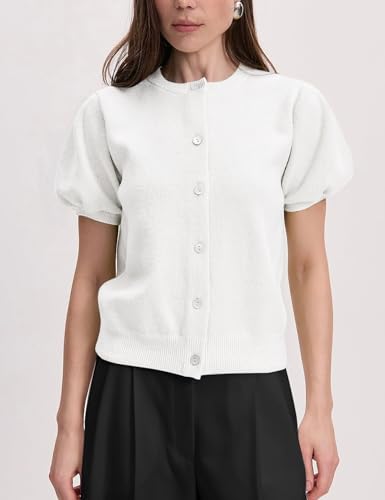 Image of Yimoon Women's Lightweight Puff Short Sleeve Cardigan Sweater | Summer, Y2K, Cropped Knit, Button Up, Blouse Tops