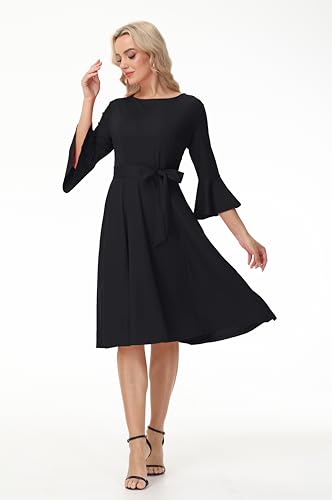 Image of Hostoyo Church Dress for Women Wedding Guest Cocktail Party Dresses Evening Prom Formal Modest Gowns Crew Neck Bell Sleeve