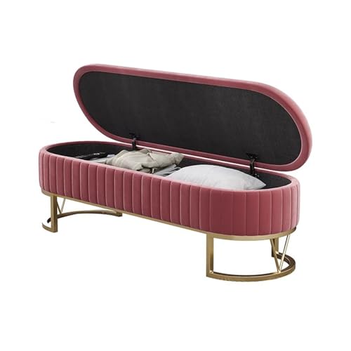 Moderno taburete tapizado rosa con patas de metal, tamaño mediano, perfecto para sala de estar o entrada, muebles elegantes para decoración del hogar.