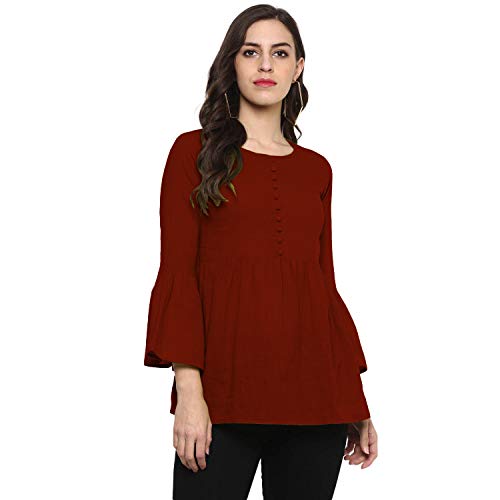 Image of Cotton Plain and Solid Bell Sleeve A-Line Short Round Neck Flared Tunic Top for Girls Women