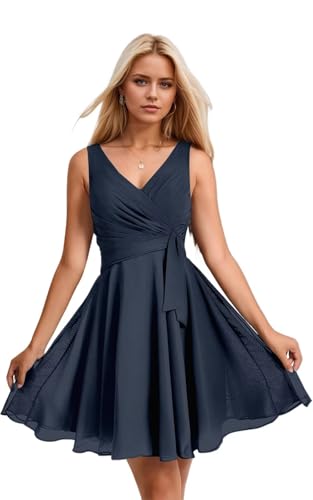 Chiffon Short Bridesmaid Dresses for Women V-Neck Pleated Formal Dress A-Line Ruched Cocktail Party Gown