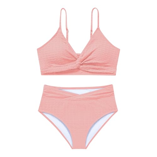 Image of Girls Swimsuit Solid Bathing Suit 2 Piece Twist Cross Adjustable Straps Soft Lining Bikini for Teen Girls with Chest Pad