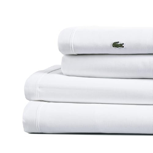 Lacoste 100% Cotton Percale 3-Piece Sheet Set – Cool, Crisp, Matte, and Durable, Oeko-Tex Certified – Solid, White, Twin