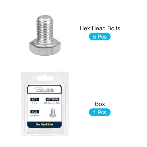 Image of METALLIXITY Hex Bolts (M8-1.25x16mm) 5Pcs, 304 Stainless Steel Coarse Fully Threaded Hex Head Screw Bolt Machine Screws - for Furniture Repair, Silver
