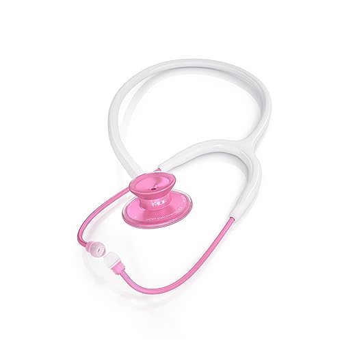 Image of MDF Instruments, Acoustica Lightweight Stethoscope for Doctors, Nurses, Students, Home Health Use, Adult, Dual Head, White Tube, Pink Pinkore Chestpiece-Headset, MDF747XPPO29