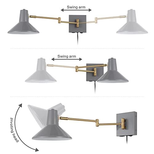 Image of JONATHAN Y 16 inch Grey /Brass Gold 1-Light Modern Swing Arm Sconce with USB Port, Plug-in Midcentury LED Bedside Lamp with White Iron Shade for Bedroom Living Room (JYL1302C)