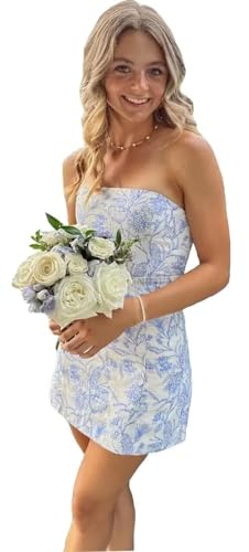 RSOETOO Homecoming Dresses 2025 Floral Print Satin Mini Cocktail Party Gowns for Teens RO203