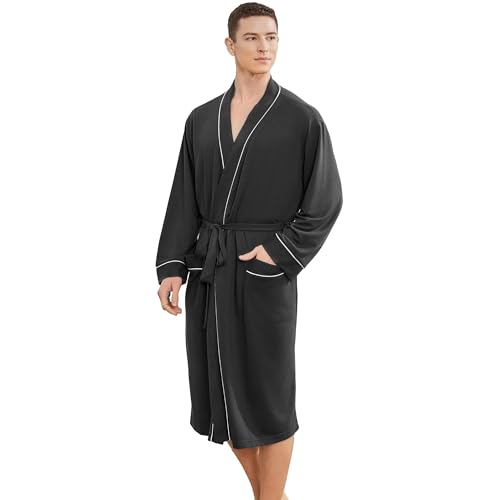 Image of Mens Lightweight Robe, Knit Kimono Bathrobe Spa Sleepwear Soft Knee Length Robe With Pockets