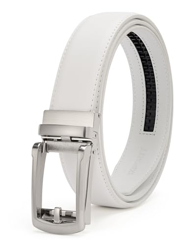 SKiporty White Mens Belt Ratchet Belts Dress Casual Leather Belt for Men With Slide Adjustable Click Buckle Gifts Box