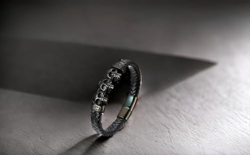 Pulsera trenzada negra con cráneos de acero inoxidable miniatura 5