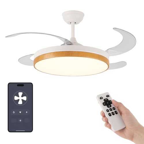 VENTILADOR TECHO LED APP MOVIL FACIL MONTAJE TECHO DC LED ATENUABLE RETRACTIL 4 ASPAS   Opción Sin Pitido, Temporizador, Invierno Verano, 3 Tonos, Modo Brisa, Bajo consumo (Madera, 107D)