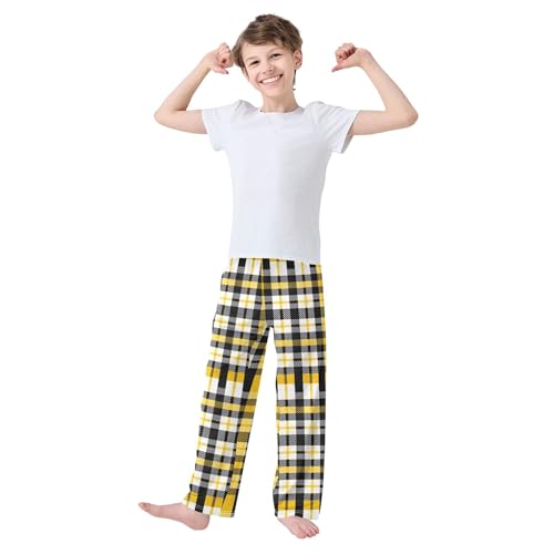 Yellow Black Buffalo Plaid Long Pajama Pants Elastic Waist PJ Bottoms with Pockets S A1119193