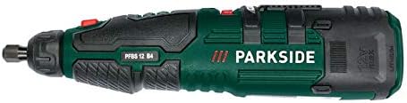 Сиде view of the Parkside PFBS 12 B4 cordless rotary tool, highlighting its compact design and soft grip areas.
