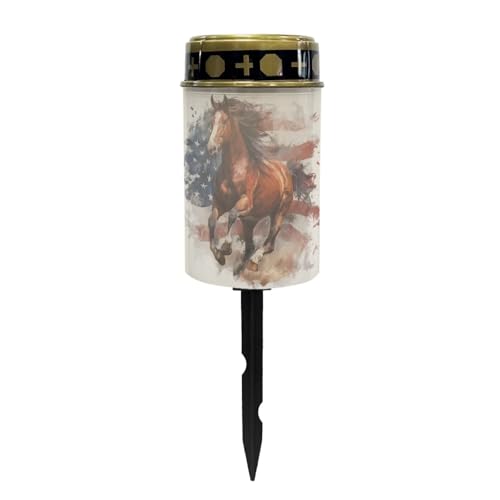 Image of Poceacles 4th of July Horse American Flag Retro Solar Powered Flameless Candle Cemetery Votive Candles Waterproof Outdoor Memorial Solar Stake Lights Home Outdoor Patriotic Decoration