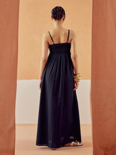 Image of FIORRA Women's Black Solid Linen Maxi Dress