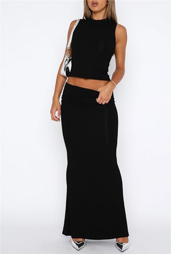 Skirt Sets Women 2 Piece Outfits - Sexy Two Pc Sleeveless Tank Crop Top Fold Over Maxi Long Skirts3