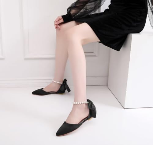 Image of Women's Bride Ballet Flats Satin Pointed Toe Pearl Ankle Strap Shoes | Satin Pointed Toe Flats; Pearl Ankle Strap Wedding Shoes