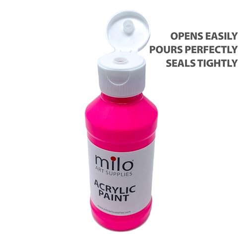 Image of milo Fluorescent Acrylic Paint Set of 6 Colors | 8 oz Bottles | Student Neon Colors Acrylics Painting Pack | Glows UV in Black Light | Non-Toxic Arts & Crafts Paints for Artists & Hobby Painters | Made in USA | Glows in Black Light, AP Certified Non-Toxic, Made in USA, Arts & Crafts Paints for Artists, Student, Hobby Painters, Mixable