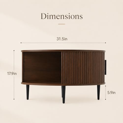 Image of Mid Century Fluted Round Coffee Table for Living Room, Brown | 31.5 inch Modern Coffee Table with Storage, Small Center Table with Flip-Top
