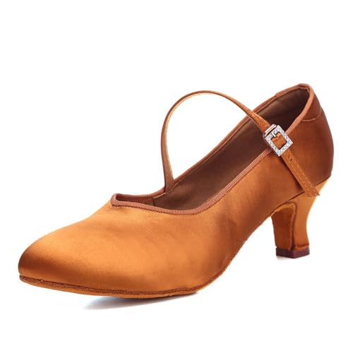 HIPPOSEUS Women's Latin Ballroom Dance Shoes Closed Toe Tan Satin Tango Salsa Practice Dancing Shoes with 2