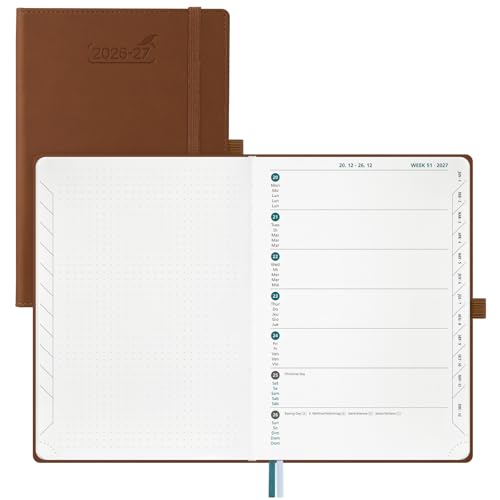 BEZEND Kalender 2026 2027 Notizbuch A5 (21 x 14 8 cm) 18-Monate Wochenplaner 1 Woche 2 Seiten mit Notizseite (Jul 26 - Dez 27) Buchkalender mit 90 g/m Papier & PU-Leder Hardcover - Braun