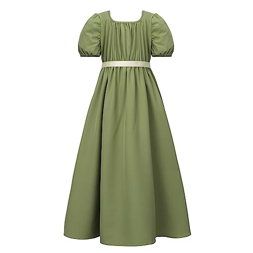 Girls Regency Victorian Dress, Short Puff Sleeve Long Summer Dress With Satin Sash, 10-14Y