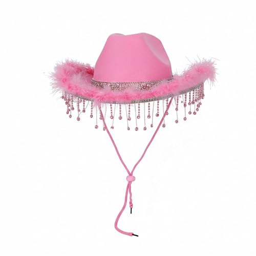 Bodygenix Pink Tassel Cowboy Hat for Adults Soft Felt-Style Polyester Western Cowgirl Hat with Adjustable Chin Strap Lightweight Comfortable Fancy Dress & Festival Party Accessory