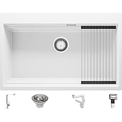 Fregadero Ceramica Blanco Fregadero Cocina 78 x 50 cm, Fregadero Granito Un Seno + Mezclador de Fregadero + Sifón Clásico, Fregadero Empotrado Oslo 80 Level de Primagran, Blanco