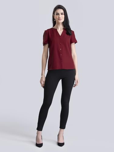 Image of FableStreet Women Formal Top | Asymmetrical Button Placket Band Collar Three-Quarter Sleeves | Pure Cotton Smooth Fabric for Office & Workwear