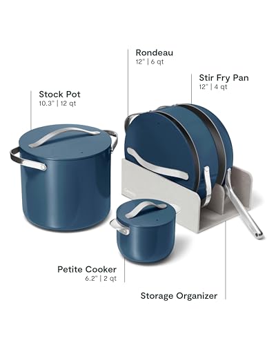 Image of Caraway Cookware+ Collection - Specialty Cookware Set - Petite Cooker, Stir Fry Pan, Rondeau, & Stock Pot - 3 Lids & Storage Organizer Included - Navy