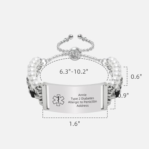 Medical ID Bracelet for Women Feminine Elegant Adjustable Metal Chain Bracelet Strap with Leather Pearl Beaded Stylish Custom Alert Bracelets Allergy ADHD2
