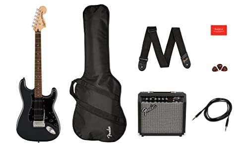Squier Affinity Series Stratocaster Packs Electric Guitar, Charcoal Frost Metallic, Laurel...