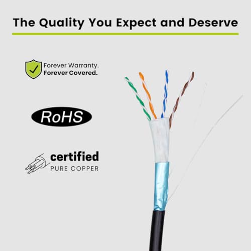 Image of TRUE CABLE Cat5e Direct Burial Bulk Ethernet Cable, Shielded F /UTP, 1000ft, Black, Waterproof, Outdoor OSP Jacket, 24AWG Solid Bare Copper, 350MHz, PoE++ 100W