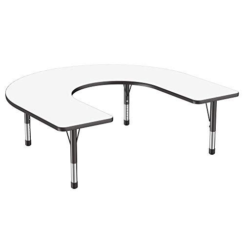 Image of FDP Dry-Erase Horseshoe Activity School and Classroom Kids Table (60 x 66 inch), Chunky Toddler Legs for Collaborative Spaces, Adjustable Height 15-24 inches - Whiteboard Top /Black Edge