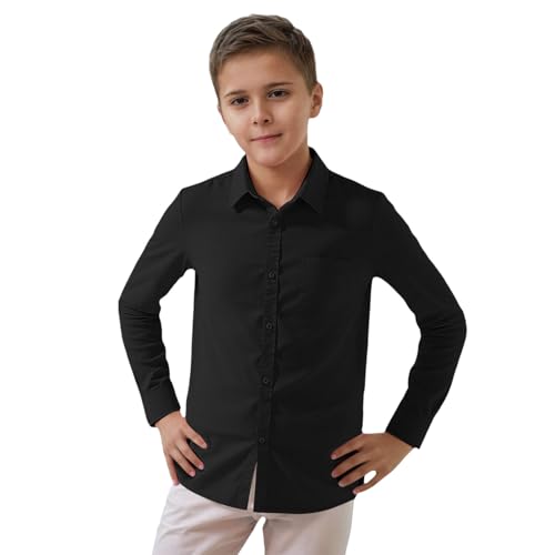 Generisch Camisa para niños y niñas, monocolor, manga larga, para niños, para caballero, solapa, botones, tops, Navidad, invierno, Negro , 5-6 años