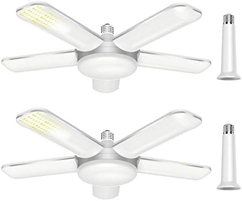 CREATESTAR Lámpara de Garaje 80W E27 2 Piezas, 6500K Luz de Techo LED Deformable con 5 Paneles Ajustables, Luz LED para Garaje, 8000LM Luz de Taller para Garaje Almacén, Sótano