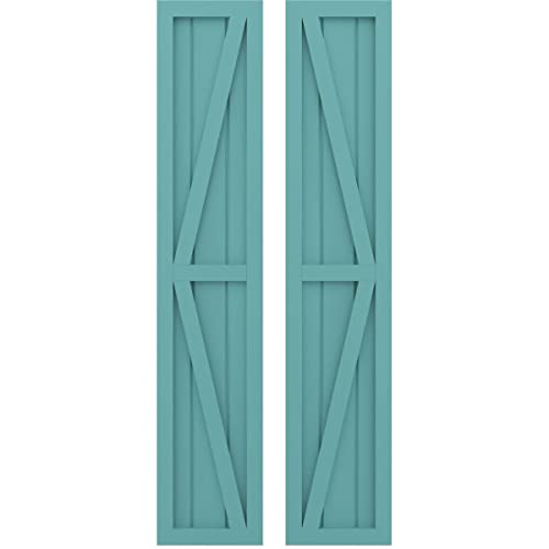 Ekena Millwork ARW102BF311X61PTH Americraft Three Exterior Real Wood Two Equal Panel Framed Board-n-Batten Shutters w/Double Z-Bar (Per Pair), 10 1/2"W x 61"H, Pure Turquoise