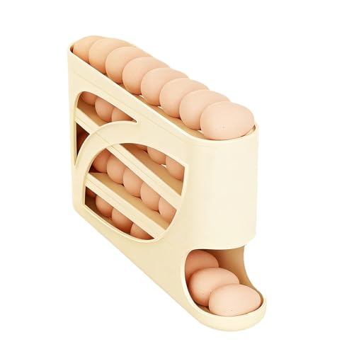 Egg Holder for Fridge, Auto Rolling Egg Roller/Dispenser/Organizer | Storage Container,Space-Saving 4-Tier Egg Tray for 30 Eggs, Refrigerator, Kitchen & Countertop with Flower Egg Cutter (Cream)