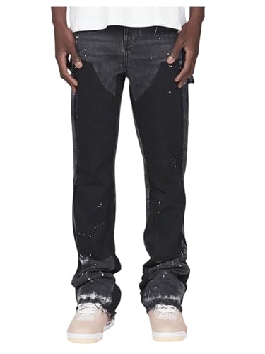 Men's Patchwork Skinny Jeans Ripped Distressed Denim Pants Stacked Jeans