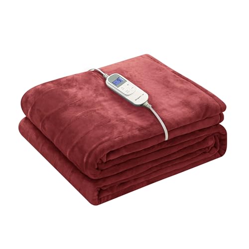 Image of Wapaneus Foot Pocket Heated Blanket Electric Throw with 10 Heating Levels and 4 Timer Settings 4 Hours Auto Shut Off, Flannel Fast-Heating Heated Throw 50 inch x 60 inch, Machine Washable,Red