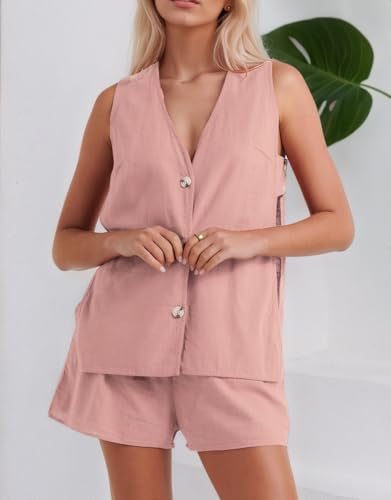 Kedera Women's Summer 2 Piece Outfits Sleeveless Matching Sets Button Down V Neck Vest Waistcoat and Pockets Shorts4